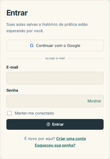 A página de login com Continuar com o Google acima dos campos de e-mail e senha