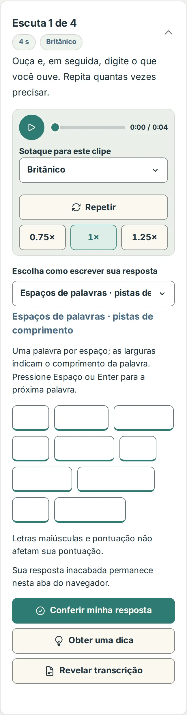 A aba Praticar de uma aula em um celular: o reprodutor acima das caixas de palavras do primeiro clipe e o botão Conferir minha resposta