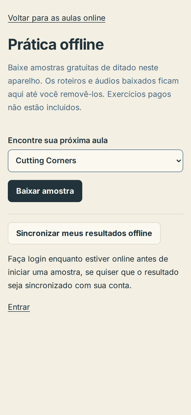 A página de Prática offline em um telefone com o menu da aula e o botão Baixar amostra