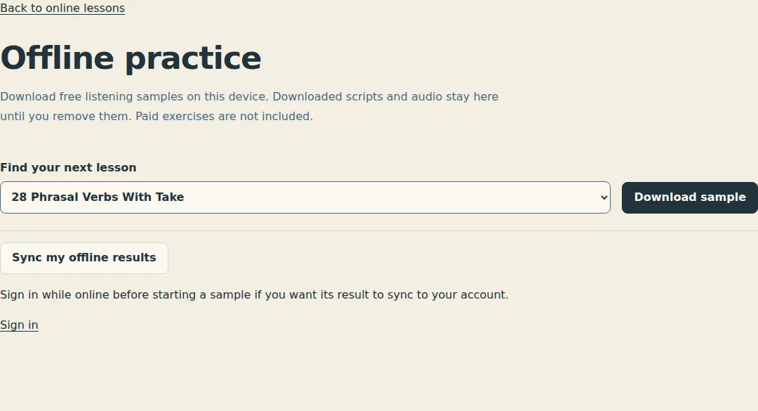 The Offline practice page with the lesson list and the Download sample button, before any sample is downloaded