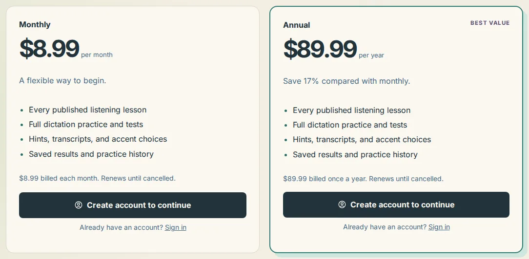 The two plan cards on the pricing page: Monthly at $8.99 per month and Annual at $89.99 per year, marked best value