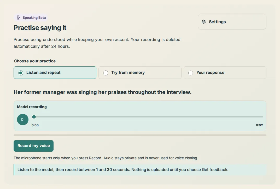 The Speaking Beta block in a lesson with the model recording and the Record my voice button