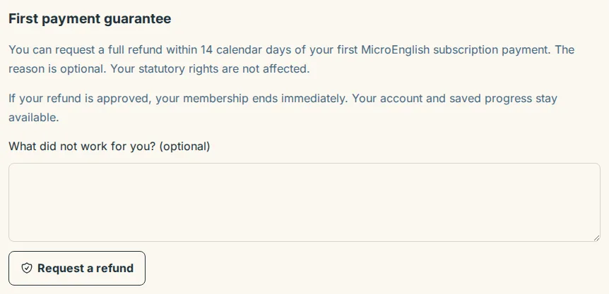 The First payment guarantee block on the Billing page with the optional reason box and the Request a refund button