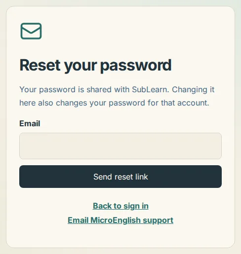 The Reset your password page with the email field and the Send reset link button