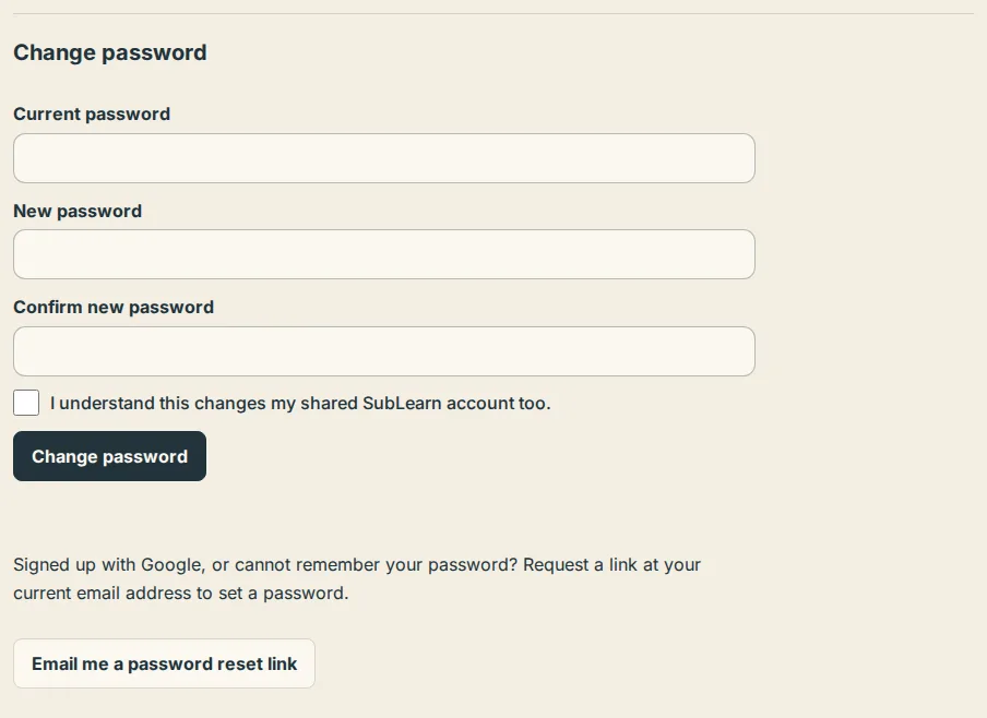 The Change password section in Settings with the Email me a password reset link button