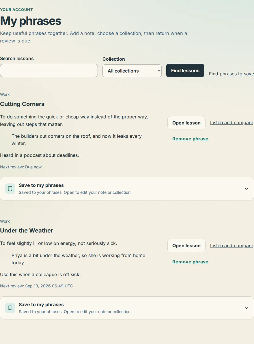 The My phrases page with the search box, the collection filter and saved phrases showing their notes and next review dates