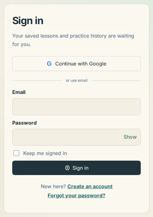 The sign-in page with Continue with Google above the email and password fields
