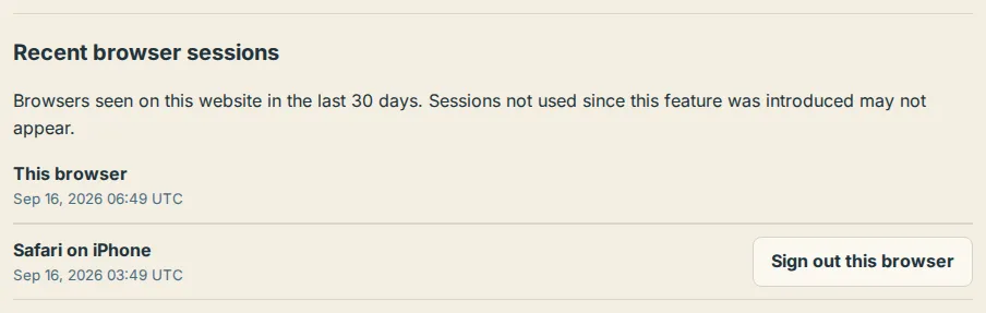 The Recent browser sessions list in Settings with This browser at the top and Sign out this browser next to another entry