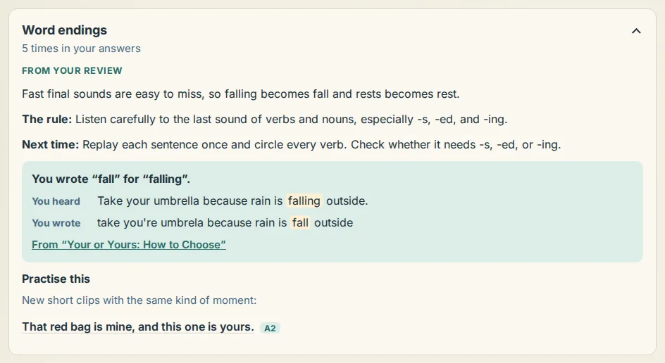 The top pattern in the writing coach: its name, how often it happened, a tip, a real example and practice clips