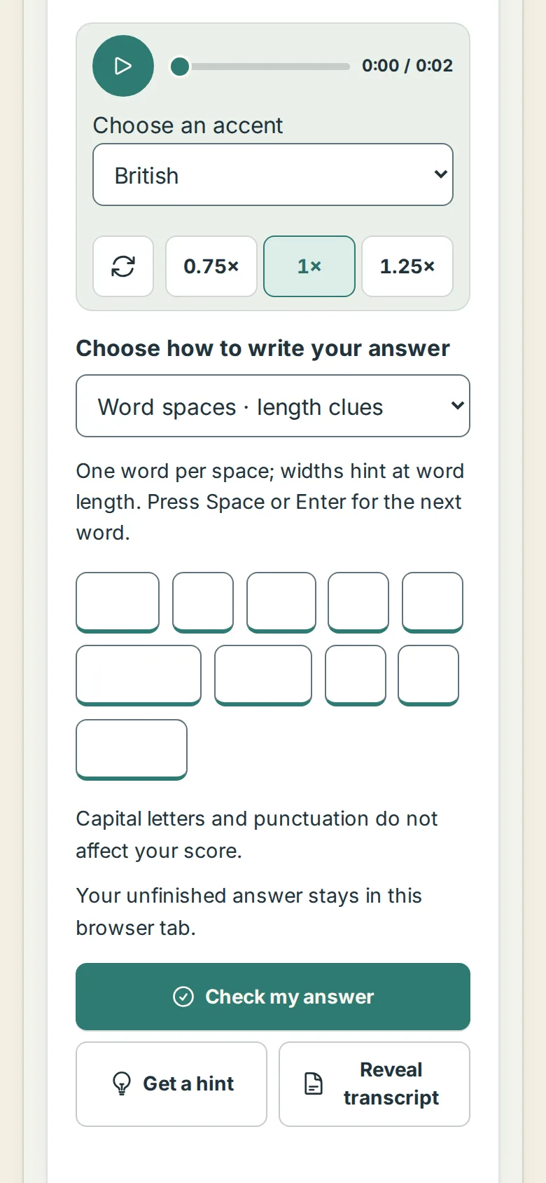 A lesson's Practice tab on a phone: the player above the first clip's word boxes and the Check my answer button