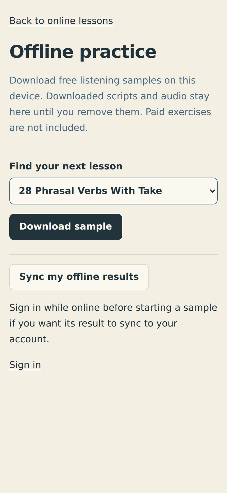 The Practice offline page on a phone with the lesson menu and the Download sample button
