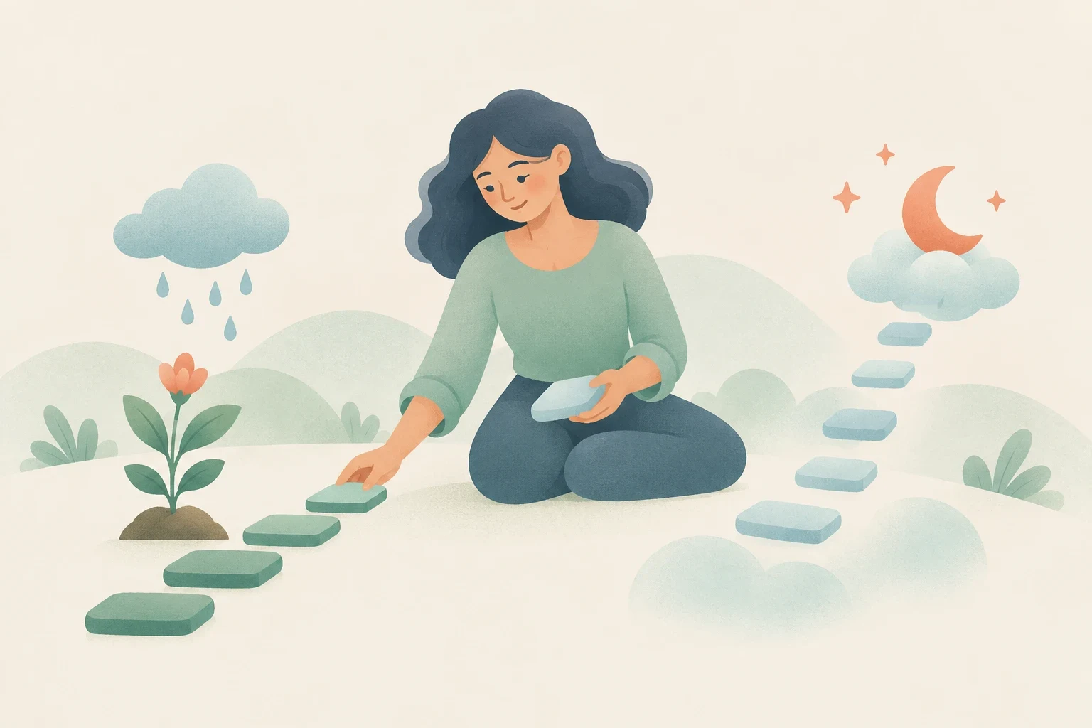 A woman sits placing stepping stones that branch toward a rain cloud watering a flower on one side and floating stairs ascending to a crescent moon on the other.