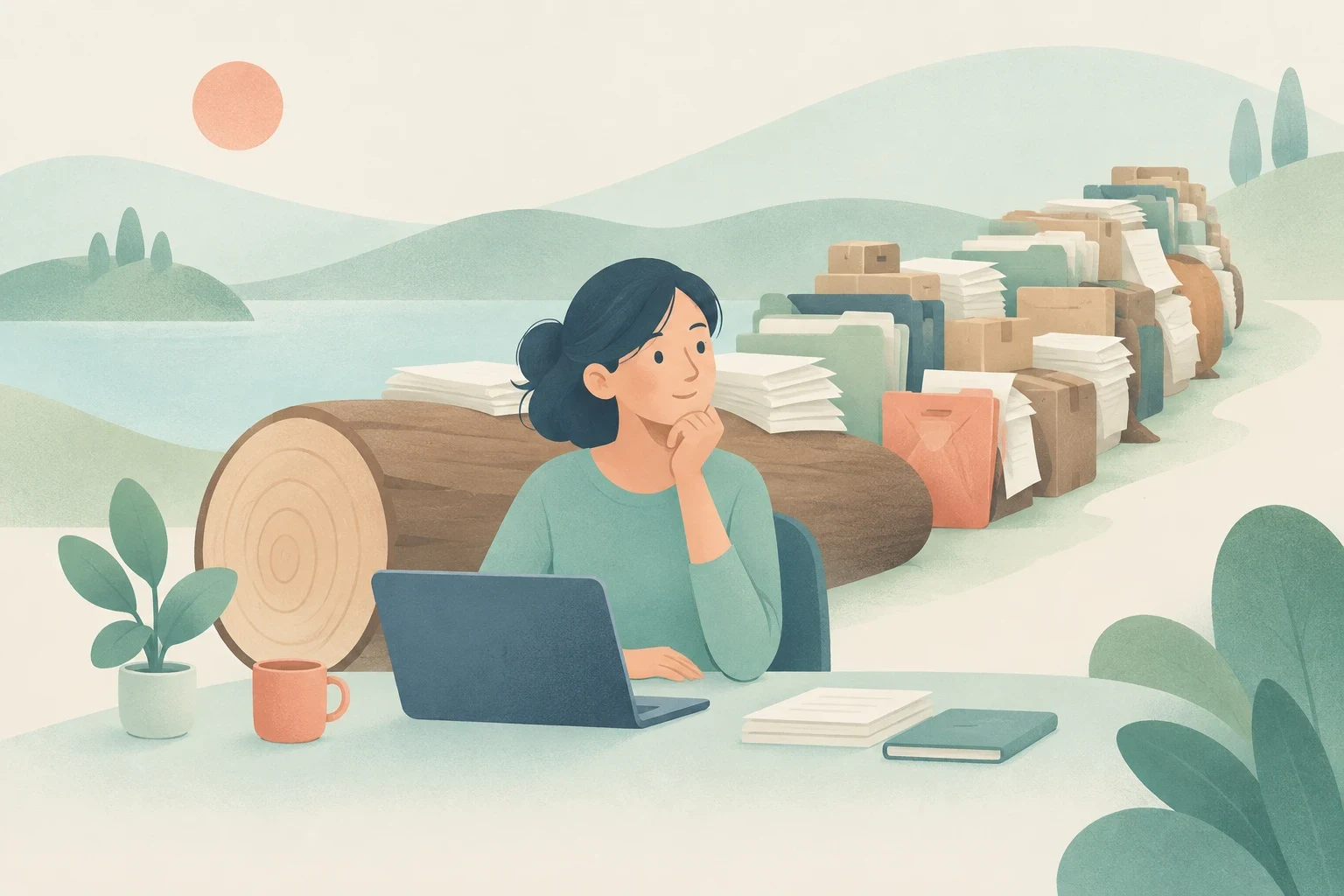 Editorial illustration of a woman at a desk with a laptop, with a large tree log and an endless line of paper files and document boxes trailing into the landscape behind her.