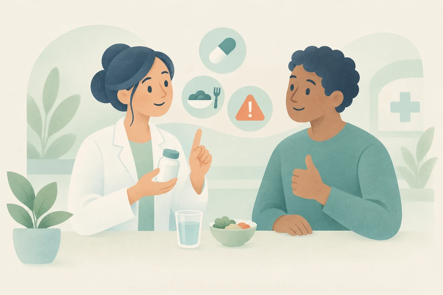 A pharmacist holds a medicine bottle while explaining instructions to a patient, with pill, food, and warning icons above a counter.