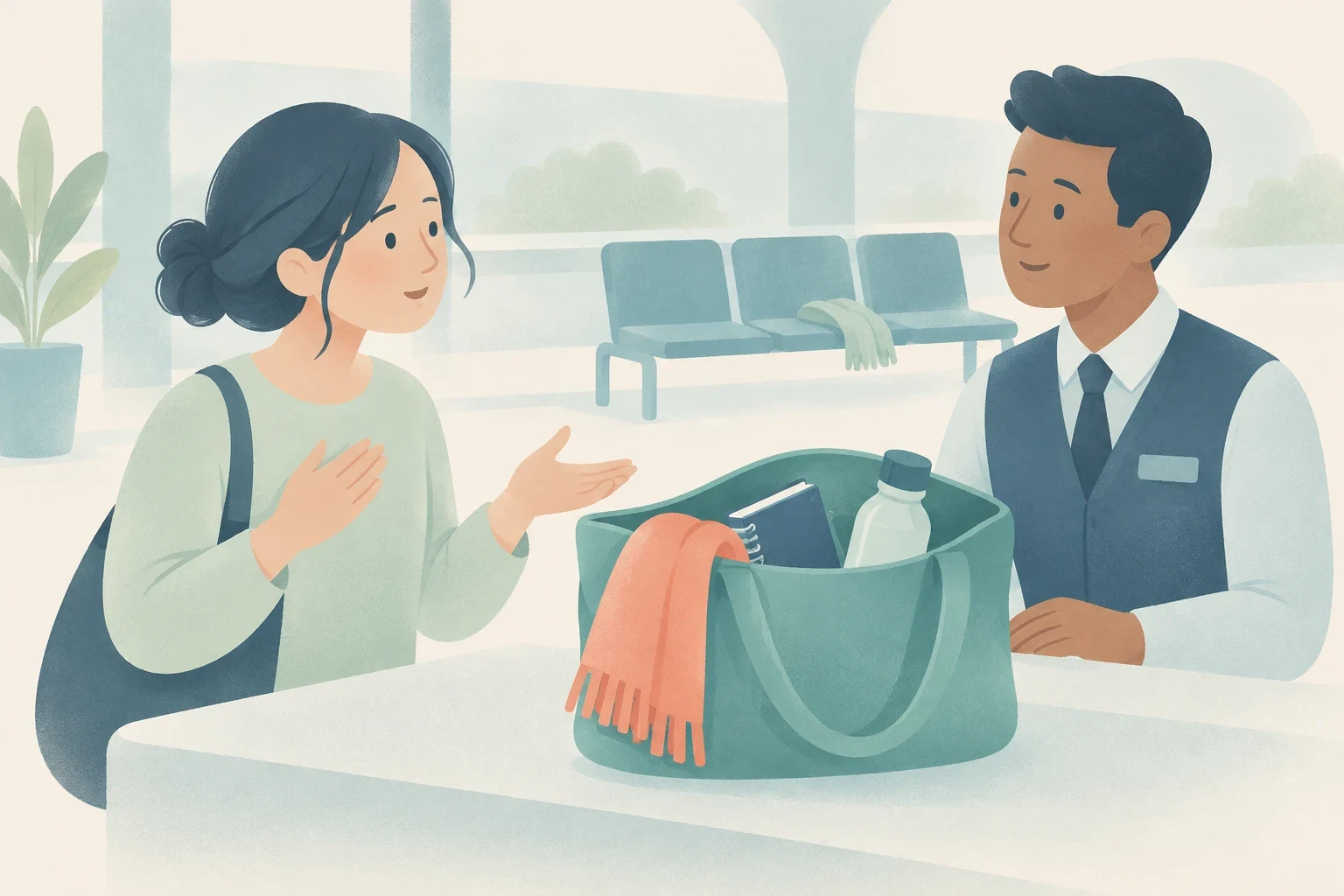 A woman speaks with a transit staff member at a service desk with an open bag containing a notebook, bottle, and scarf.