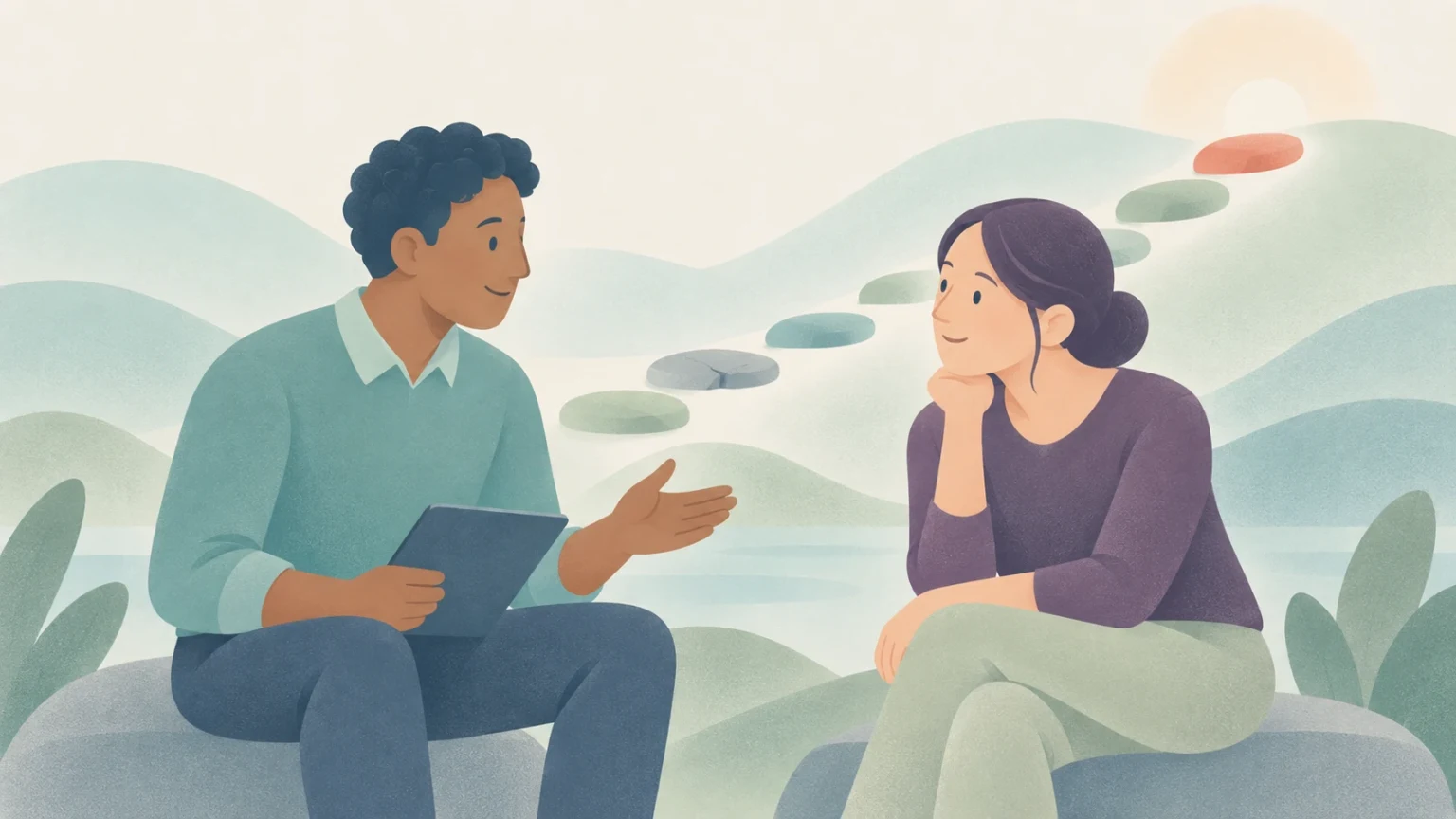Two seated people discuss feedback, one holding a tablet, with ascending stepping stones and a cracked stone suggesting progress with room for improvement.