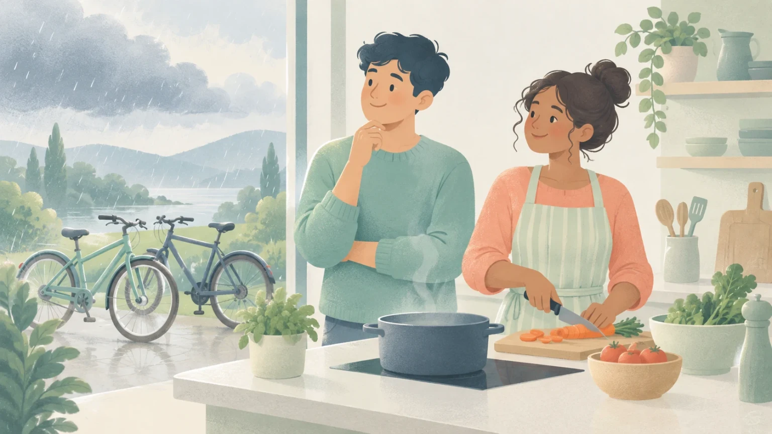 Two friends prepare lunch in a bright kitchen while rain falls outside, where two bicycles stand near a lake and green hills.