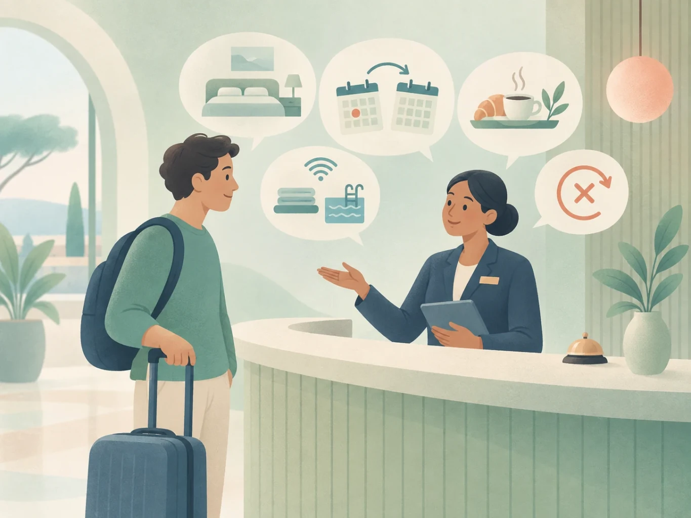 A traveler with luggage talks to a hotel receptionist, with speech bubbles showing a bed, calendars, breakfast, Wi-Fi, pool amenities, and cancellation.