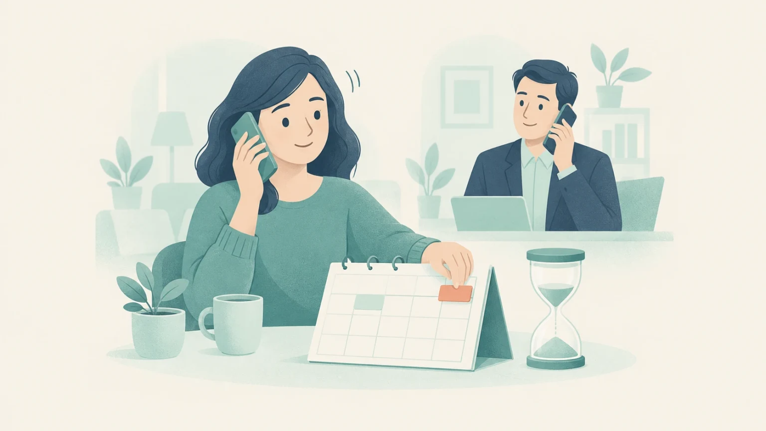 A woman holds a phone and marks a desk calendar beside an hourglass, with a suited man also on the phone in the background.