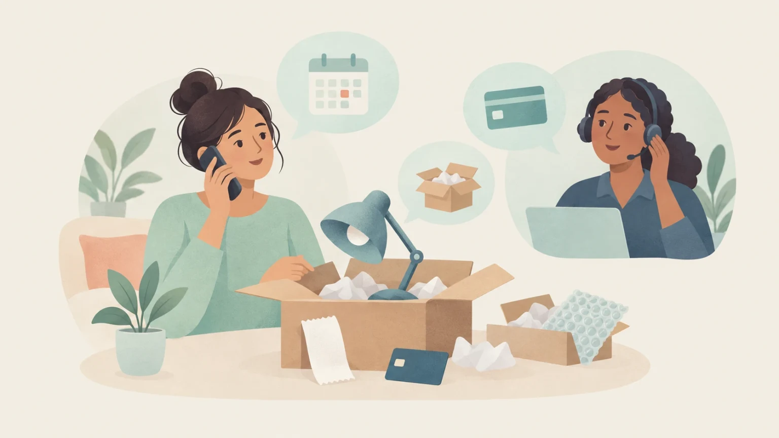 A customer calls a headset-wearing support agent beside a desk lamp in an open shipping box, with packing materials, a receipt, a payment card, and a calendar icon.