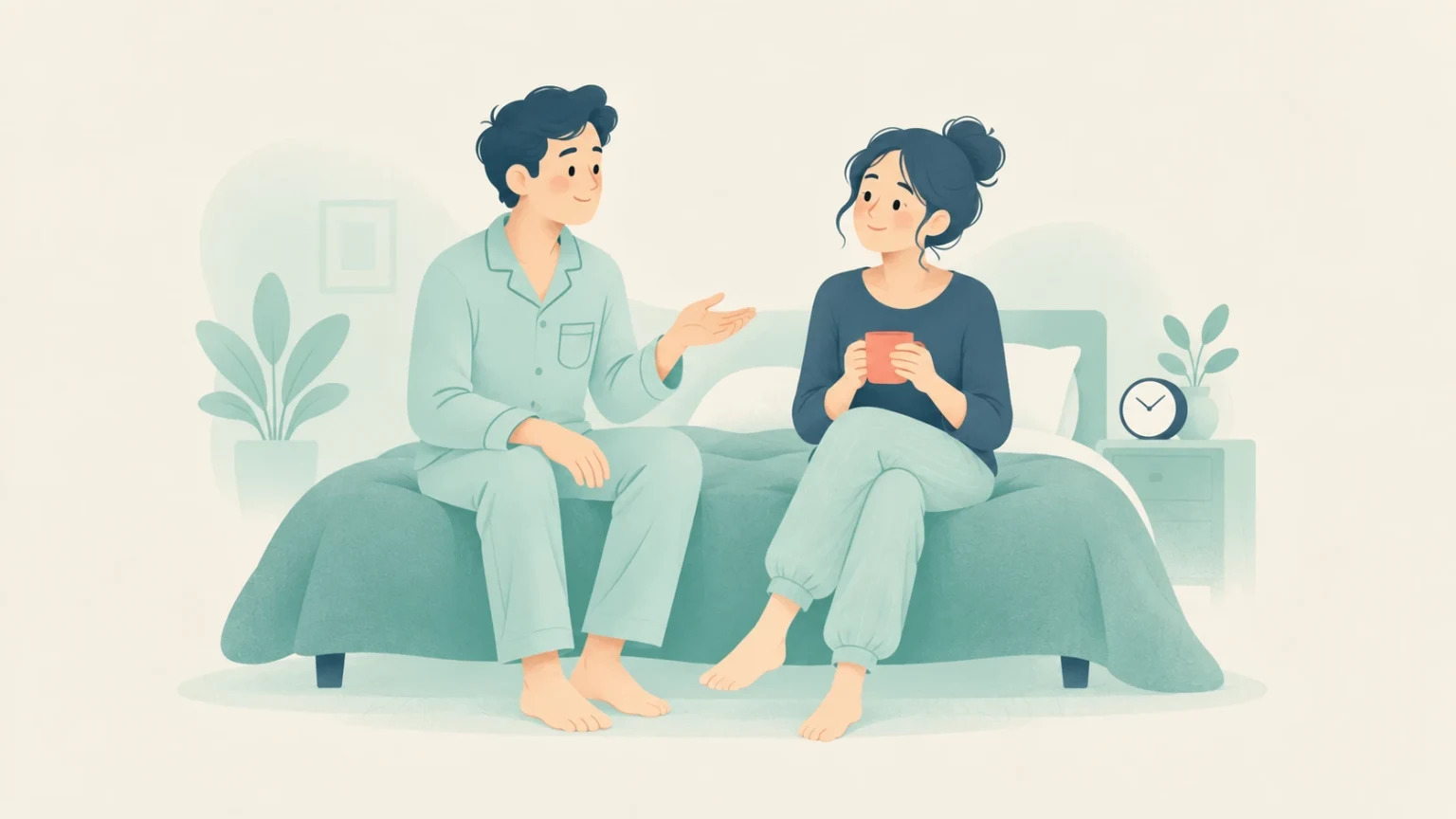 Two people in pajamas chat while sitting on a bed; one holds a mug, with plants and an alarm clock nearby.