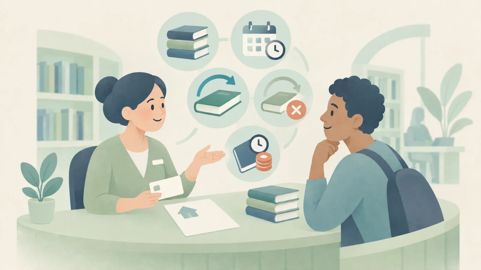 A librarian holding a membership card speaks with a visitor at a library counter, surrounded by icons of books, loan dates, renewals, renewal restrictions, and overdue charges.