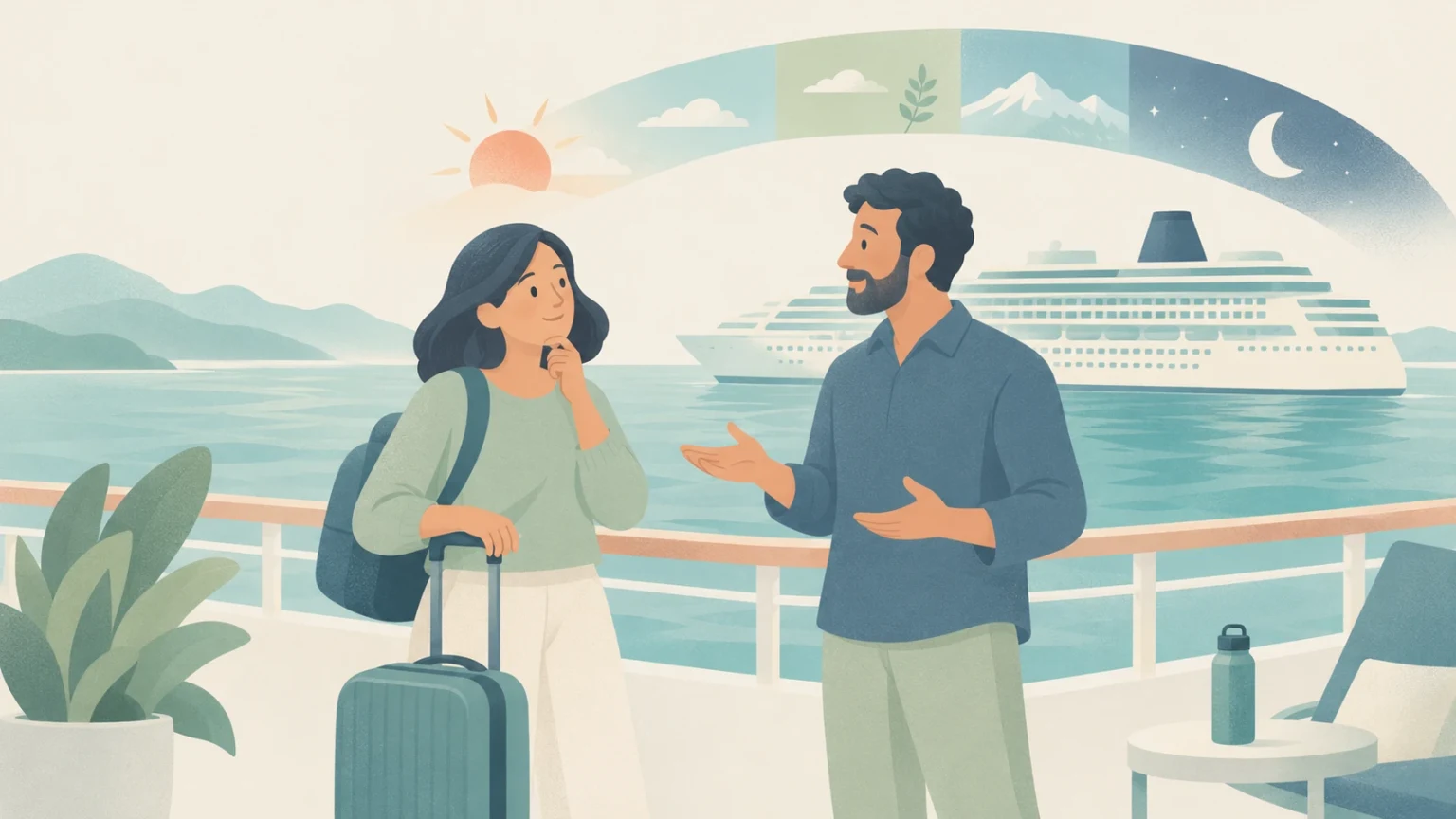Two people discuss travel beside a cruise ship, with luggage nearby and an overhead arc showing sun, clouds, foliage, mountains, and moon.