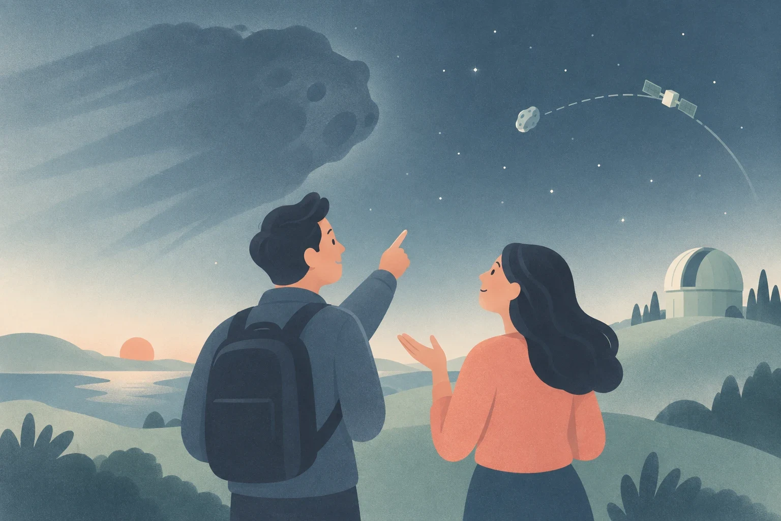 Two people gaze at the night sky near an observatory, contrasting a dramatic shadowy asteroid with a tracked orbital path monitored by a satellite.