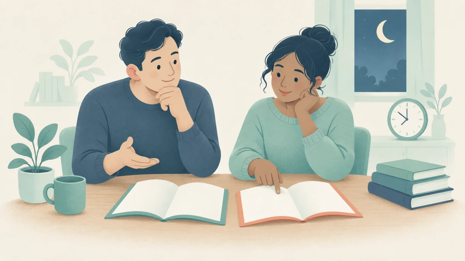 Two adults discuss open books at a table in the evening, with a crescent moon outside, a clock, plants, a mug, and stacked books nearby.