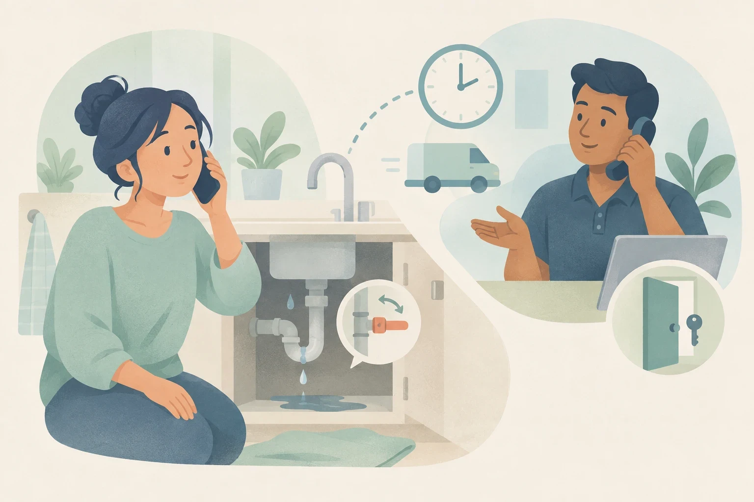 A woman phones about a leaking pipe beneath her kitchen sink while a repair coordinator responds, with icons showing arrival time, a van, access keys, and a shutoff valve.