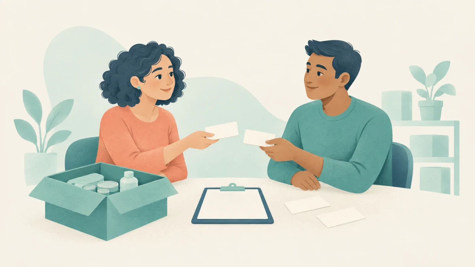 Two volunteers sit across a table holding blank cards, with a box of supplies, a clipboard, and extra cards suggesting a discussion about swapping shifts.