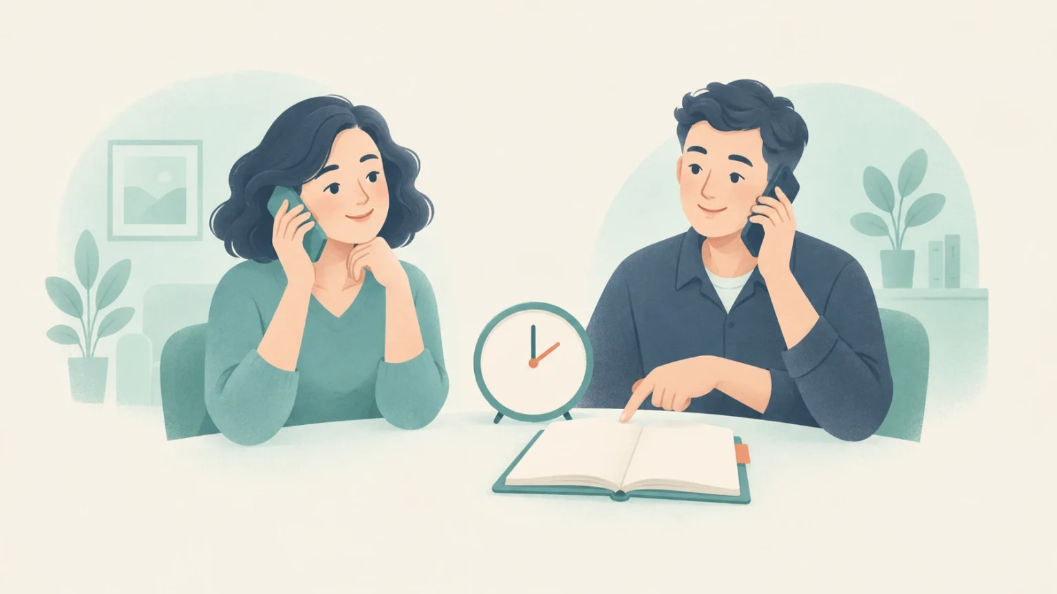 Two people talk on phones beside a clock and an open planner, with the man pointing to a page as they discuss an appointment.