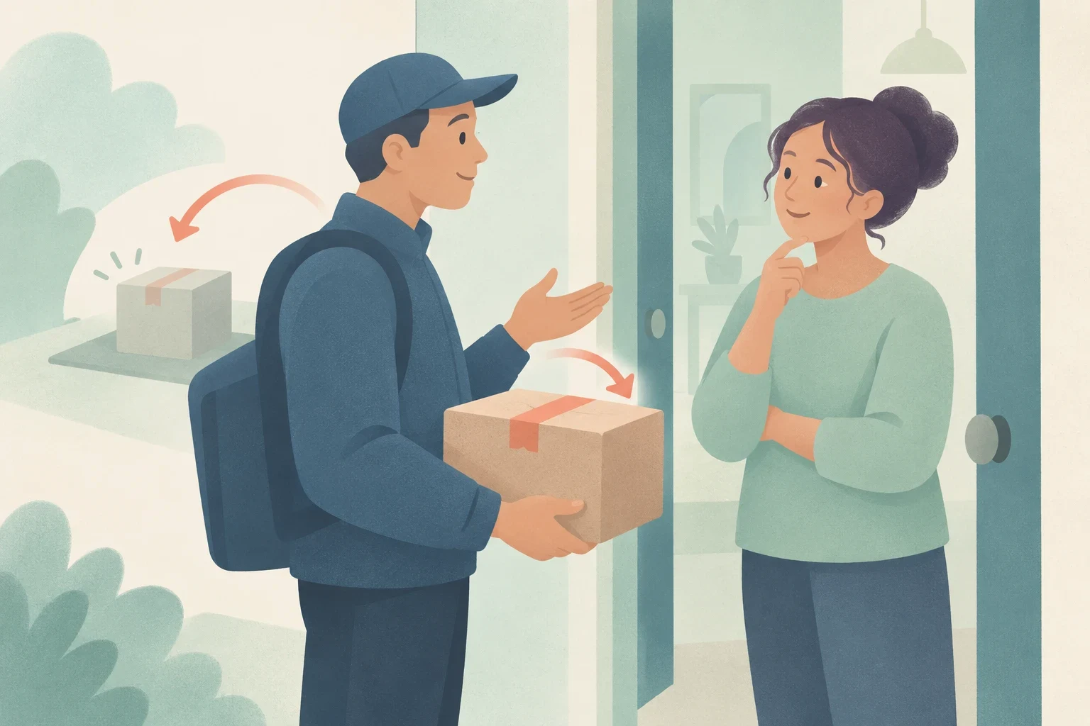 A delivery worker holding a package speaks with a woman at her doorway about parcel delivery options, with an inset illustrating package placement.