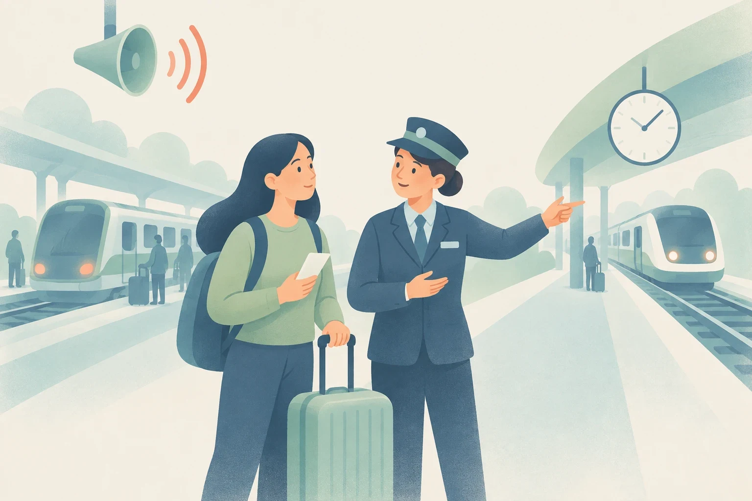 A traveler with luggage speaks to a station attendant pointing toward a train on an adjacent platform under a loudspeaker.