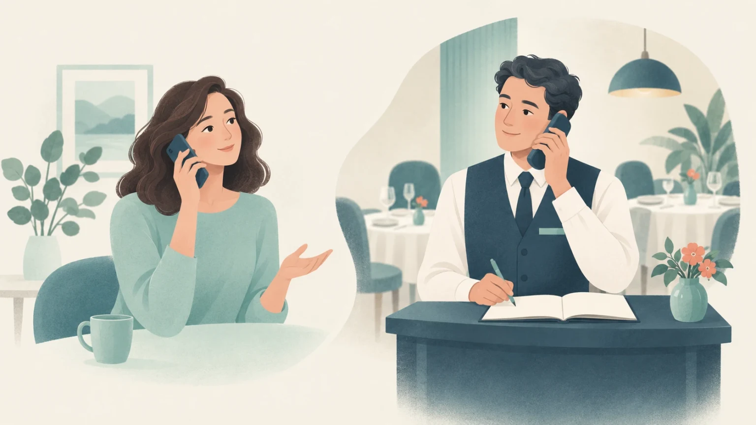 A woman phones a restaurant from home while a staff member holds a telephone and writes in an open reservation book at the restaurant counter.