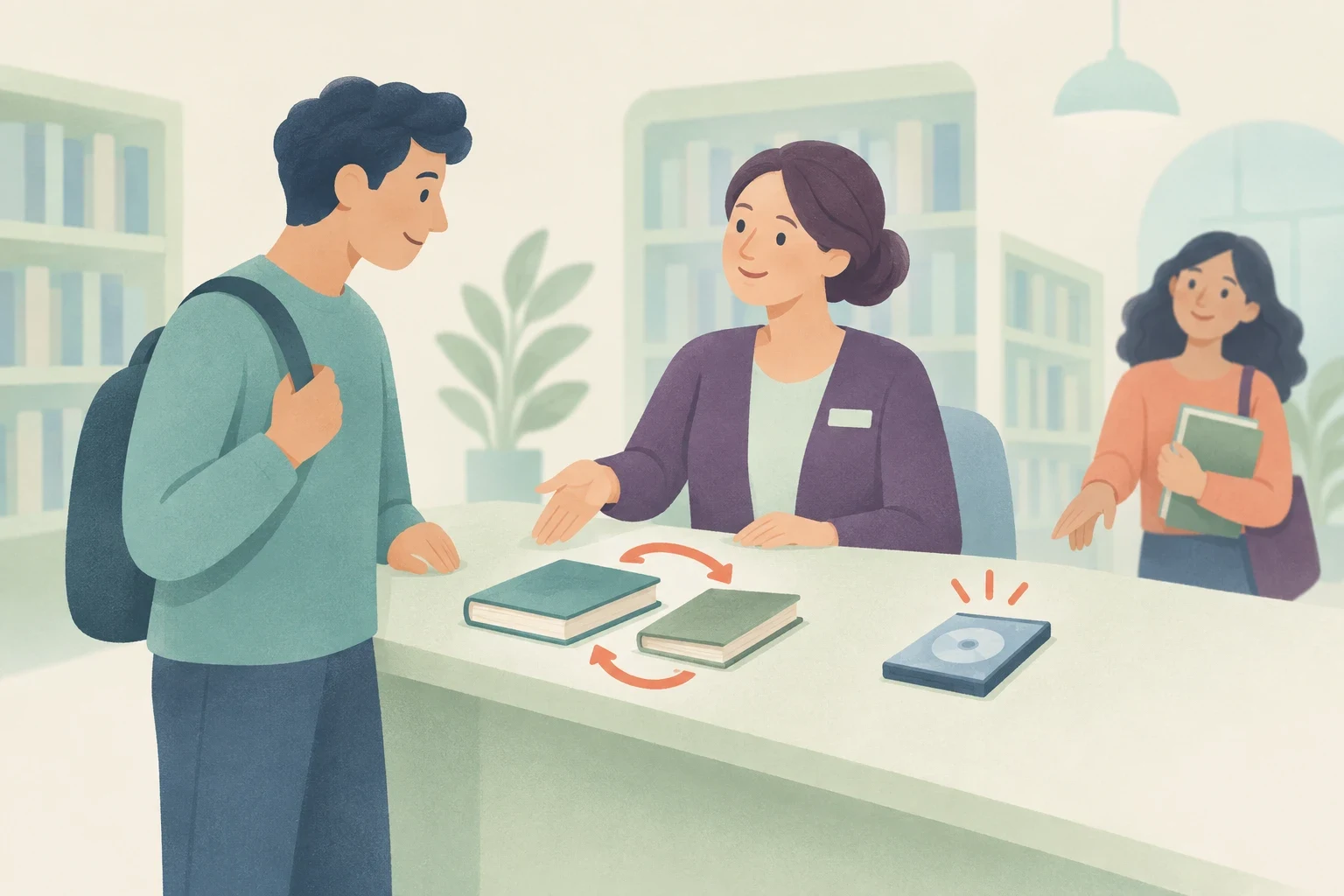 A borrower talks with a librarian across a counter holding two books with circular renewal arrows and a disc case, while another patron waits.
