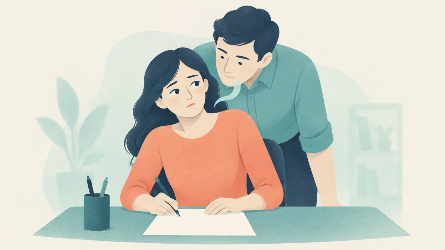 An uneasy woman writes at a desk while a man leans closely over her shoulder, with a pale wisp suggesting his breath near her neck.