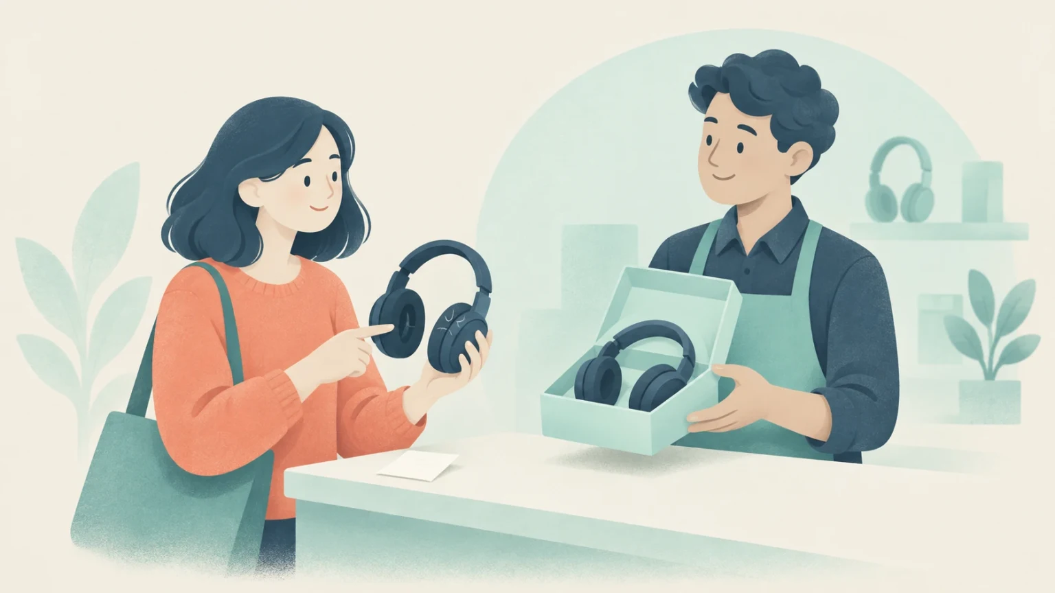 A customer points to faulty headphones at a shop counter while an assistant holds an open box with a replacement pair; a receipt lies nearby.