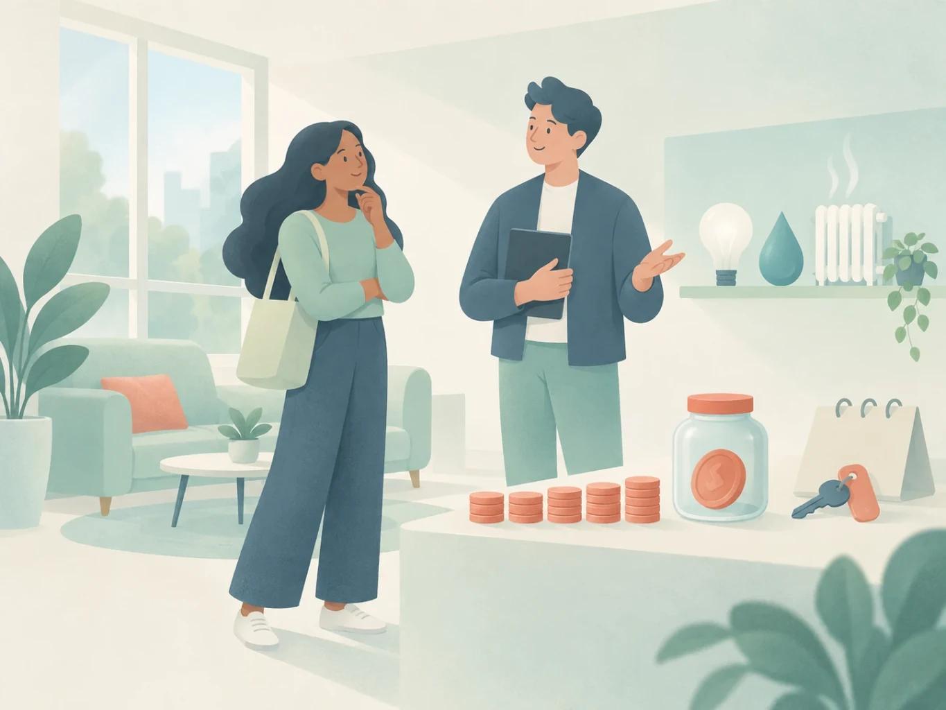 An estate agent shows an apartment to a prospective tenant near symbols of rent coins, utility icons, a deposit jar, and a calendar with keys.