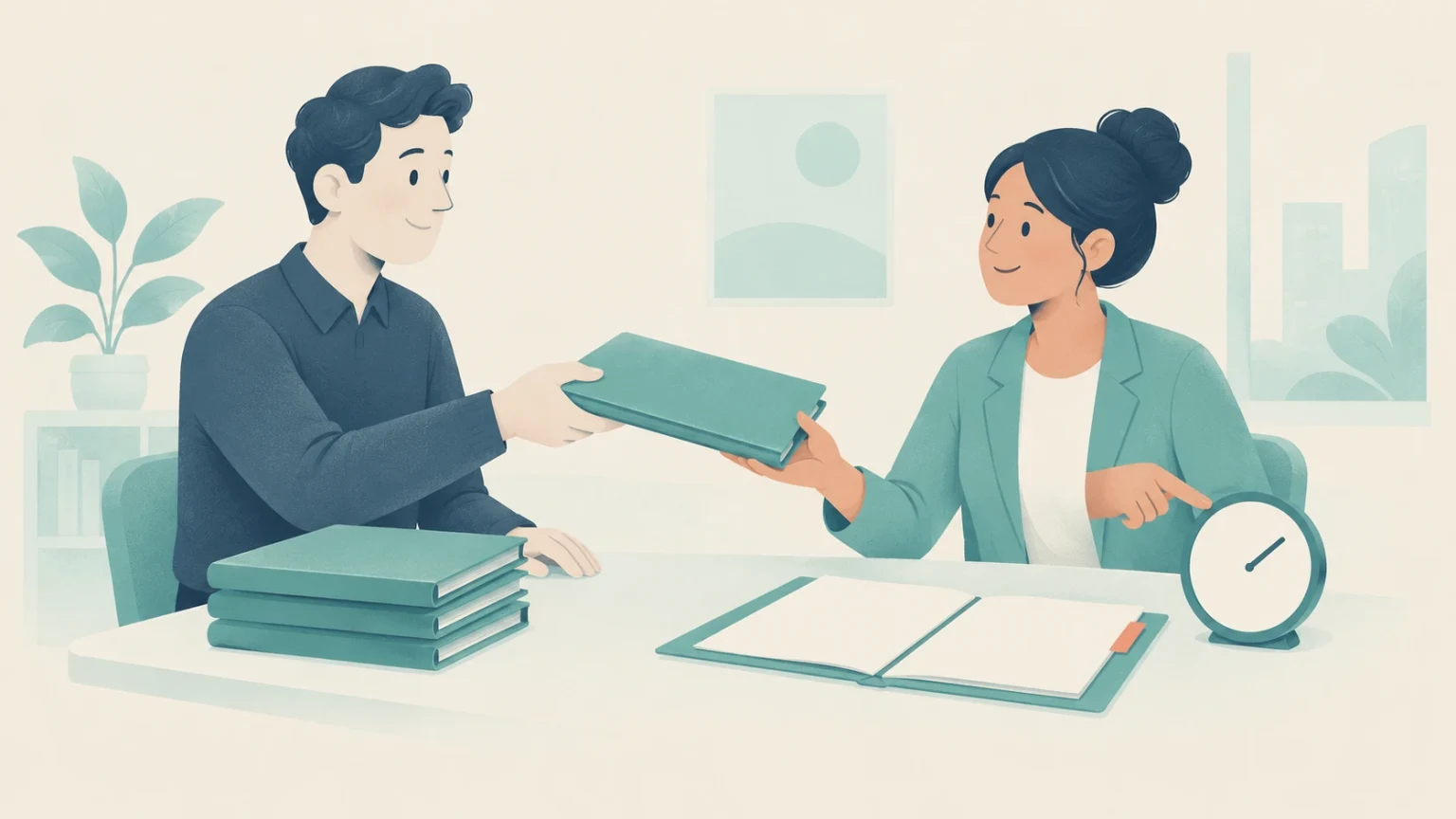 Two colleagues at an office desk participate in a project handover, with one passing a binder while the other points to a desk clock.