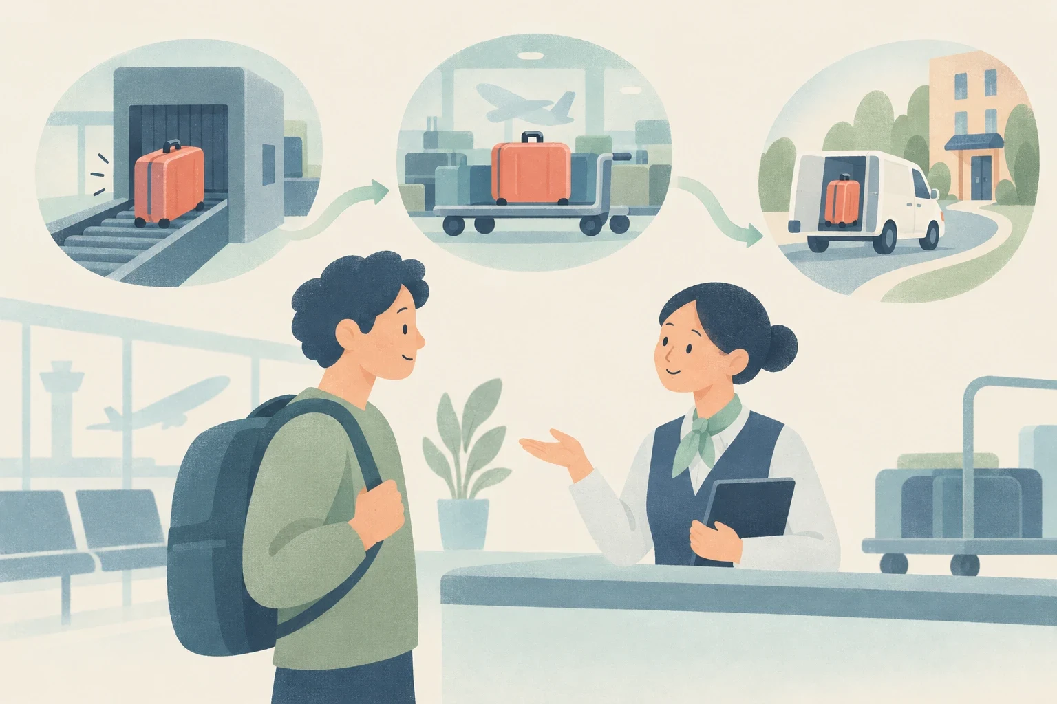An airport employee assists a traveler beneath illustrations showing a suitcase being scanned, waiting on an airport cart, and traveling by delivery van to accommodation.