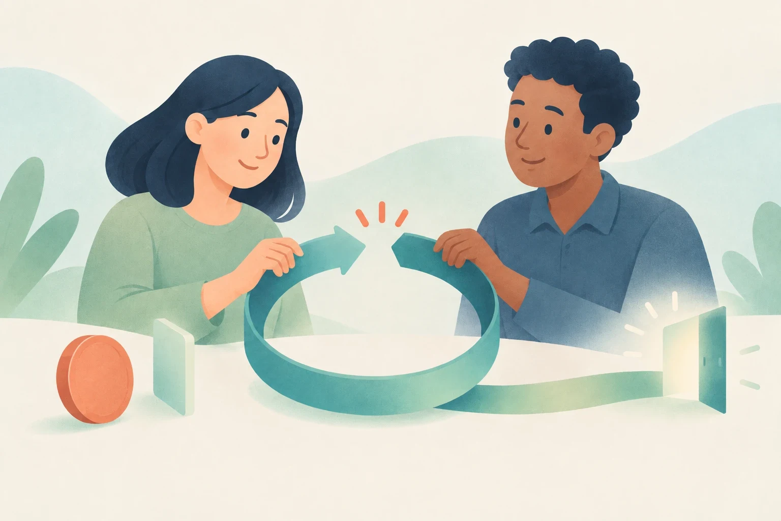 An editorial illustration of two people disconnecting a circular renewal arrow at a table with an open glowing door and a coin.