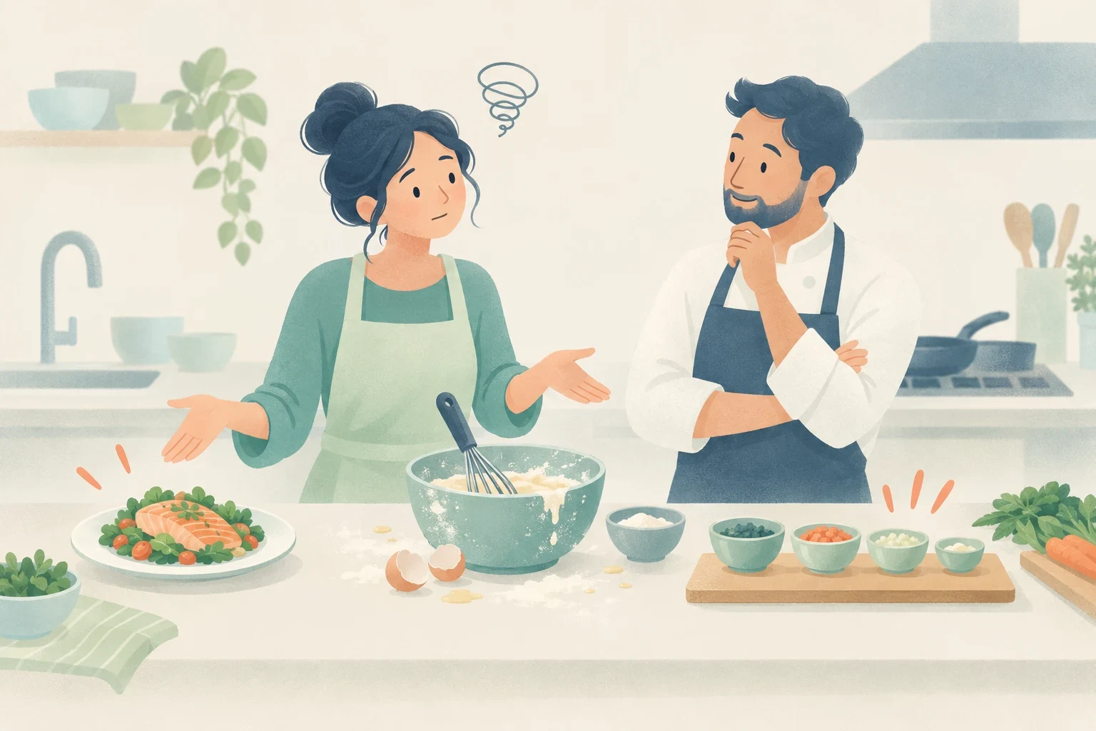 A cooking student gestures beside a bowl of batter while a chef listens thoughtfully, with prepared food and ingredients on the kitchen counter.