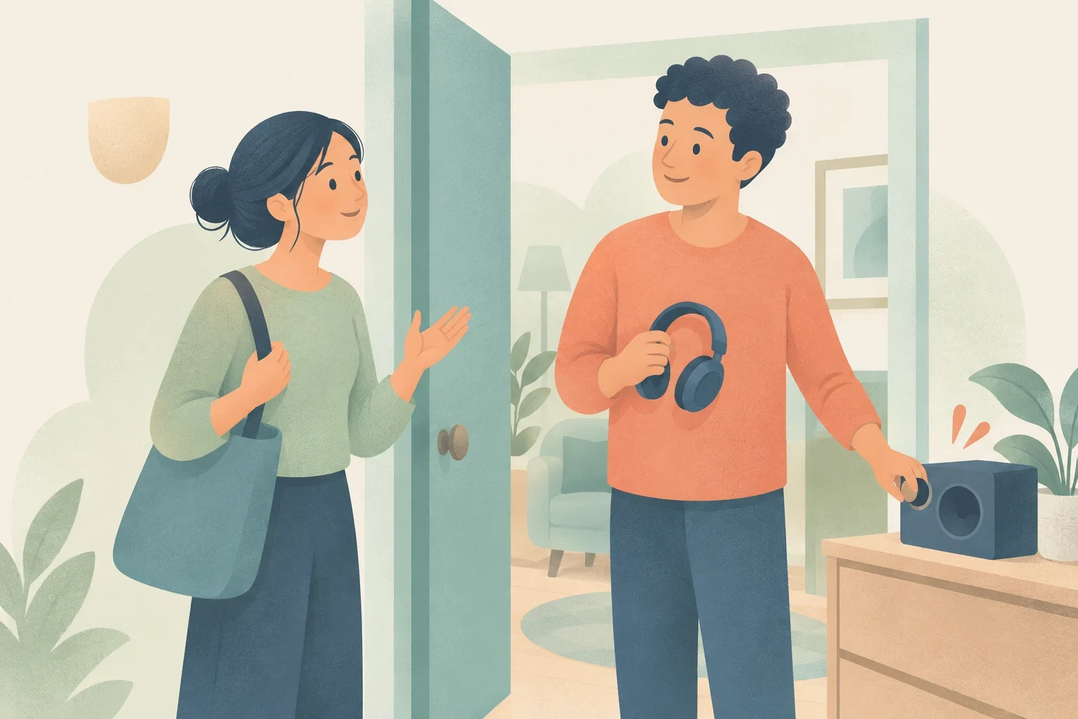 A woman speaks to her neighbor at his open door as he holds headphones and adjusts a speaker, suggesting a polite conversation about noise.