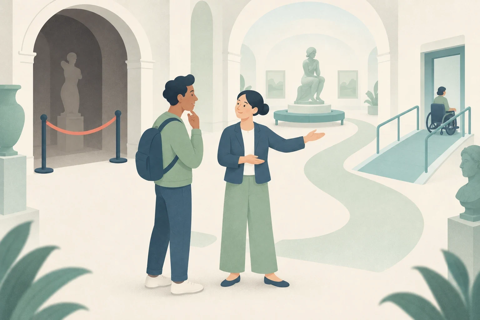A museum guide directs a visitor along a winding path past a roped-off closed gallery toward a sculpture hall, beside an accessible wheelchair ramp.