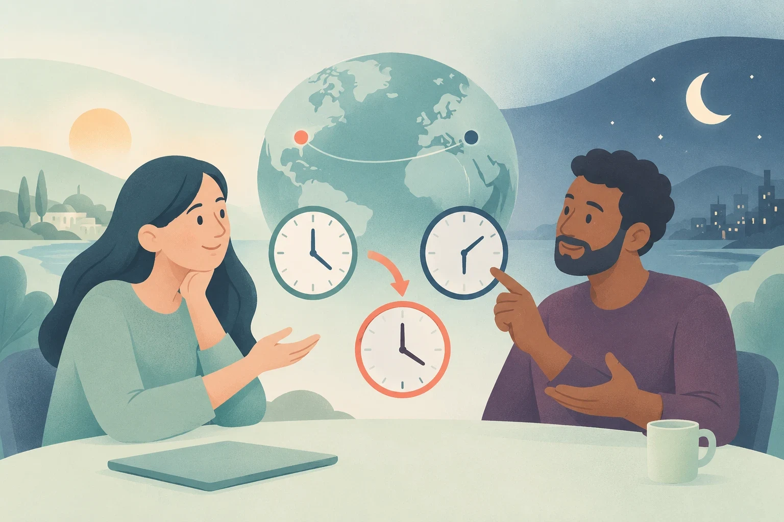 Two people discuss meeting times beside three clocks and a globe linking distant locations, with daylight on the left and a moonlit city on the right.