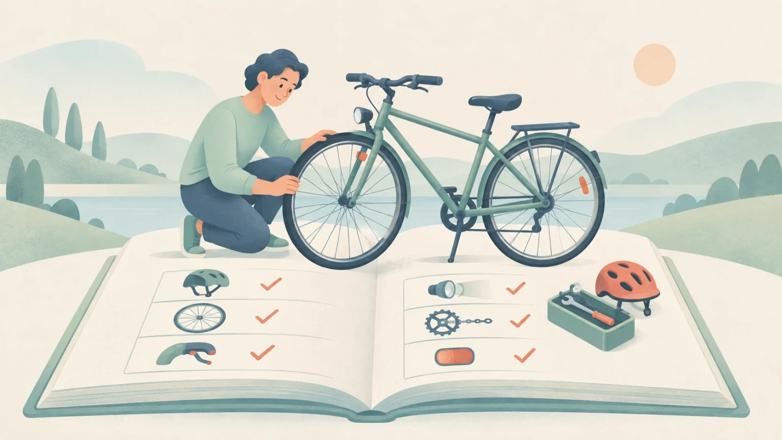A person checks a bicycle standing on an open book with illustrated safety checklists, check marks, helmets, and tools in a soft green landscape.