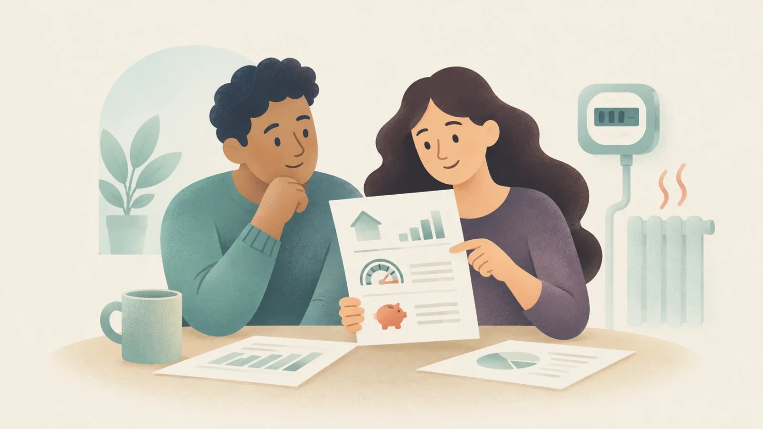 Two people examine a household energy bill with charts and a piggy bank symbol, beside a wall-mounted meter and a warm radiator.