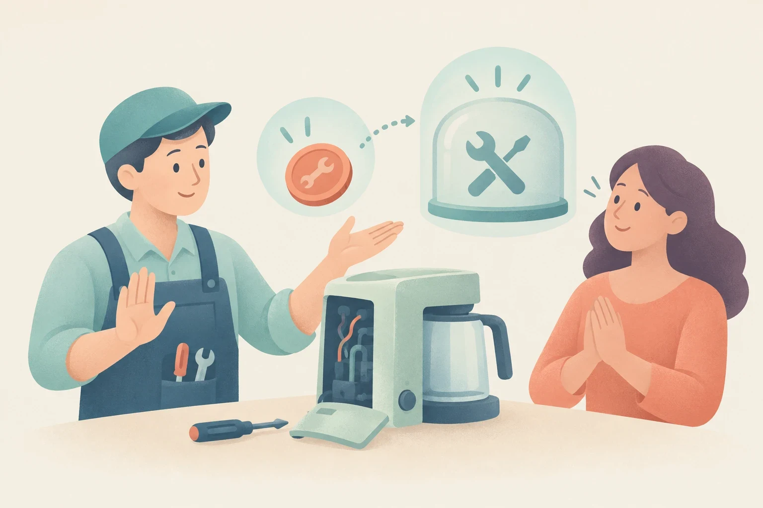 An editorial illustration of a repair technician explaining inspection fees and repair quote ceilings to a customer beside a disassembled coffee maker.