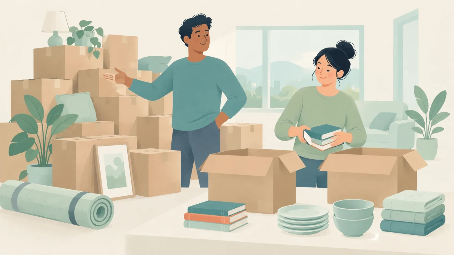 Two people pack for a move among cardboard boxes, books, plates, bowls, folded towels, houseplants, and a rolled mat in a bright living room.